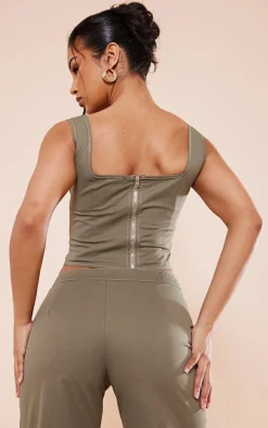 Khaki Twill Contrast Seam Structured Cargo Corset