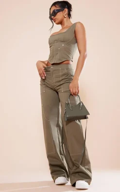 Khaki Twill Contrast Seam Structured Cargo Corset