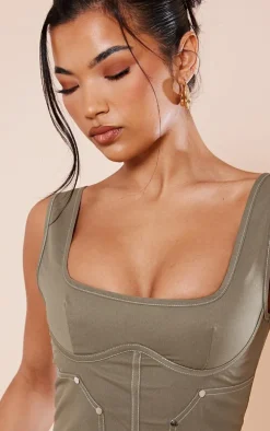 Khaki Twill Contrast Seam Structured Cargo Corset