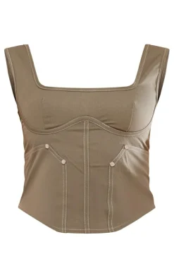 Khaki Twill Contrast Seam Structured Cargo Corset