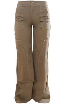 Khaki Twill Contrast Seam Straight Leg Cargo Pants
