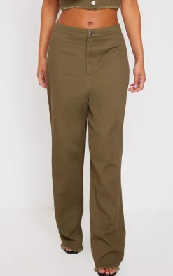Khaki Twill High Waist Straight Leg Pants