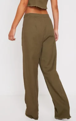 Khaki Twill High Waist Straight Leg Pants