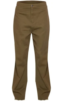 Khaki Twill High Waist Straight Leg Pants