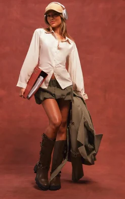 Khaki Twill Low Rise Puffball Mini Skirt