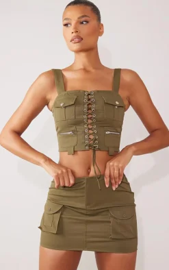 Khaki Twill Micro Mini Cargo Skirt