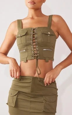 Khaki Twill Micro Mini Cargo Skirt