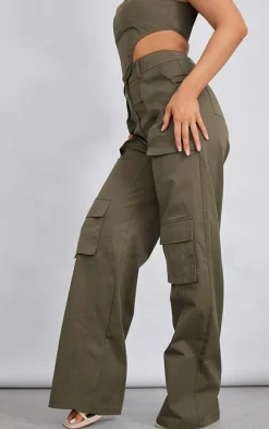 Khaki Twill Pocket Detail High Waist Cargo Pants