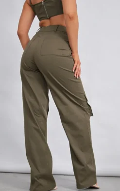 Khaki Twill Pocket Detail High Waist Cargo Pants
