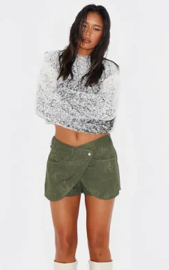 Khaki Twill Washed Crossover Mini Skirt
