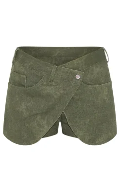 Khaki Twill Washed Crossover Mini Skirt