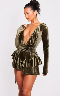 Khaki Velvet Plunge Frill Corsage Romper