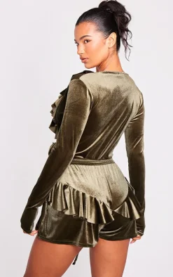 Khaki Velvet Plunge Frill Corsage Romper