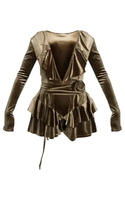 Khaki Velvet Plunge Frill Corsage Romper