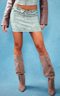 Khaki Vintage Wash Twill Fold Over Waistband Mini Skirt