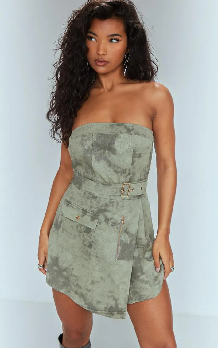 Khaki Washed Cargo Pleated Wrap Belted Bodycon Dress