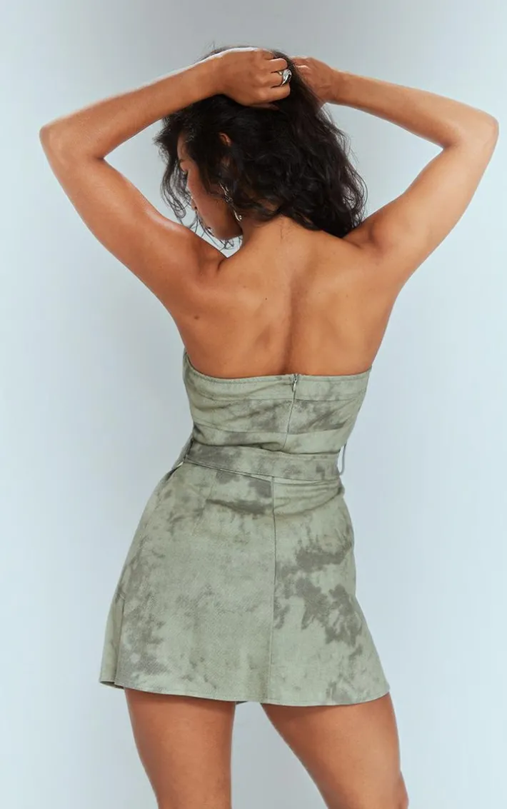 Khaki Washed Cargo Pleated Wrap Belted Bodycon Dress