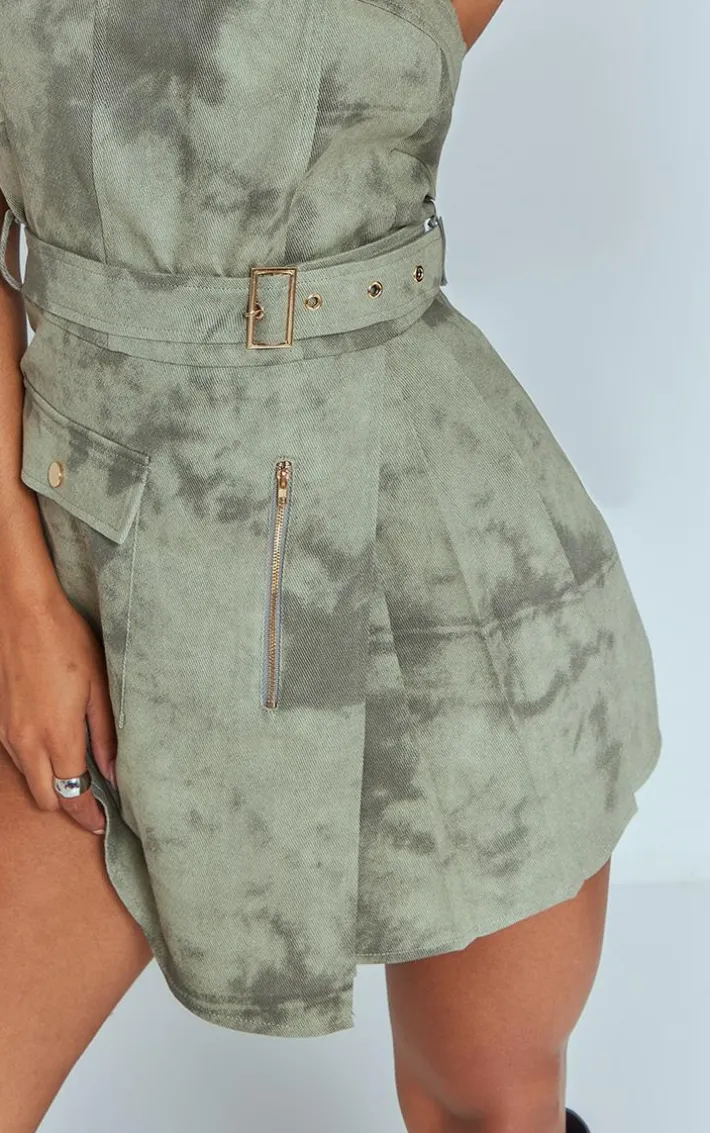Khaki Washed Cargo Pleated Wrap Belted Bodycon Dress