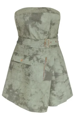 Khaki Washed Cargo Pleated Wrap Belted Bodycon Dress