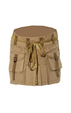Khaki Washed Pleated Cargo Mini Skirt