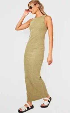 Khaki Washed Rib Distressed Detail Midaxi Dress