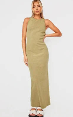 Khaki Washed Rib Distressed Detail Midaxi Dress