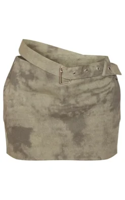 Khaki Washed Twill Asymmetric Strap Micro Mini Skirt