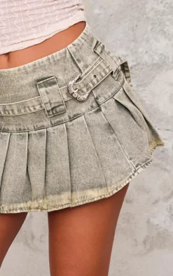 Khaki Washed Twill Belt Detail Pleated Mini Skirt