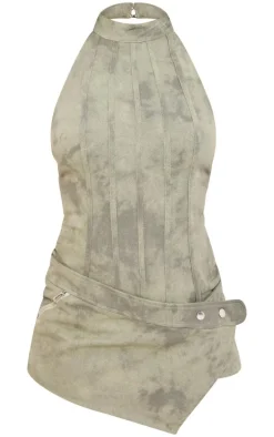 Khaki Washed Twill High Neck Wrap Detail Skort Romper