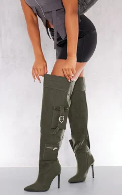 Khaki Wide Fit Denim Utility Over The Knee Heeled Boots