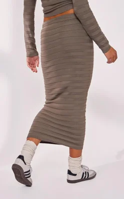 Khaki Wide Rib Knit Maxi Skirt