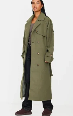 Khaki Wool Look Oversized Double Breasted Military Trim Coat