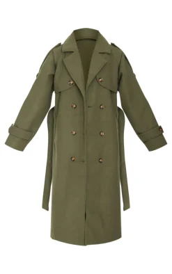 Khaki Wool Look Oversized Double Breasted Military Trim Coat