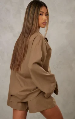 Khaki Woven Balloon Sleeve Oversized Shirt