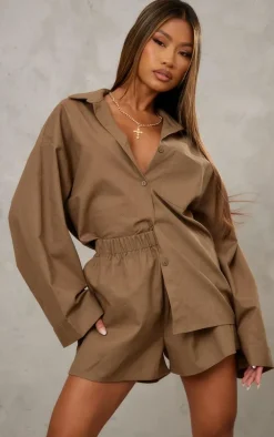 Khaki Woven Balloon Sleeve Oversized Shirt