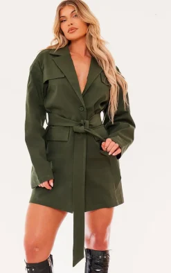 Khaki Woven Button Belted Blazer Dress