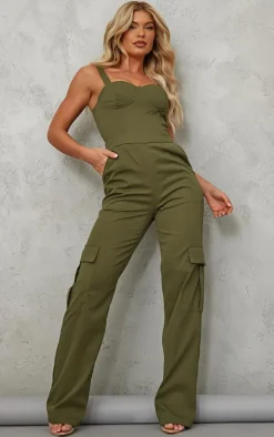 Khaki Woven Corset Pocket Detail Strappy Jumpsuit