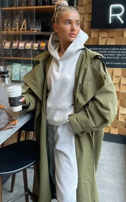 Khaki Woven Hooded Oversized Trench Coat