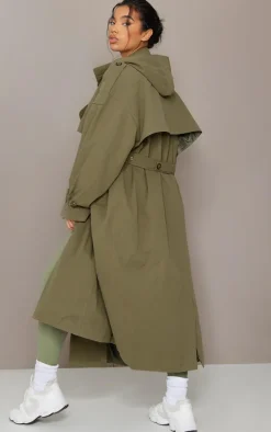 Khaki Woven Hooded Oversized Trench Coat