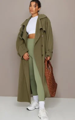 Khaki Woven Hooded Oversized Trench Coat