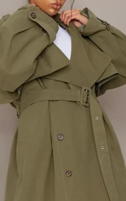 Khaki Woven Hooded Oversized Trench Coat