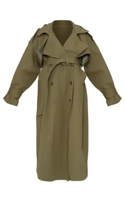 Khaki Woven Hooded Oversized Trench Coat