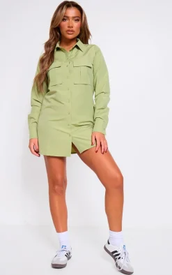 Khaki Woven Pocket Detail Oversized Shirt Dress