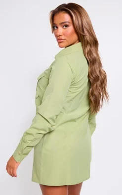 Khaki Woven Pocket Detail Oversized Shirt Dress
