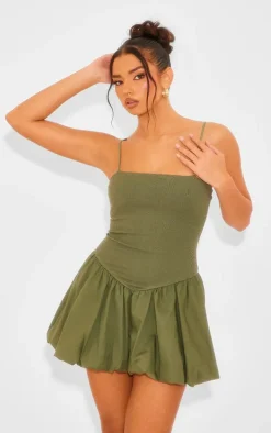 Khaki Woven Ribbed Puffball Mini Dress