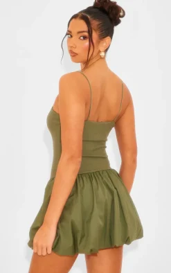 Khaki Woven Ribbed Puffball Mini Dress