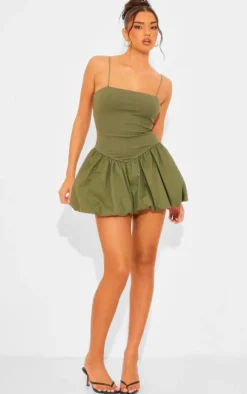 Khaki Woven Ribbed Puffball Mini Dress