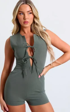 Khaki Woven Tie Front Tailored Romper