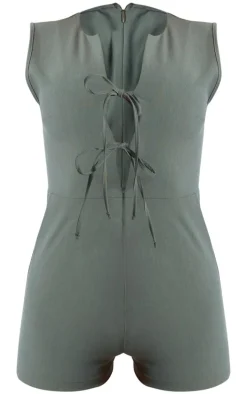 Khaki Woven Tie Front Tailored Romper