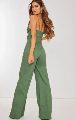 Khaki Woven V Bar Corset Detail Wide Leg Jumpsuit